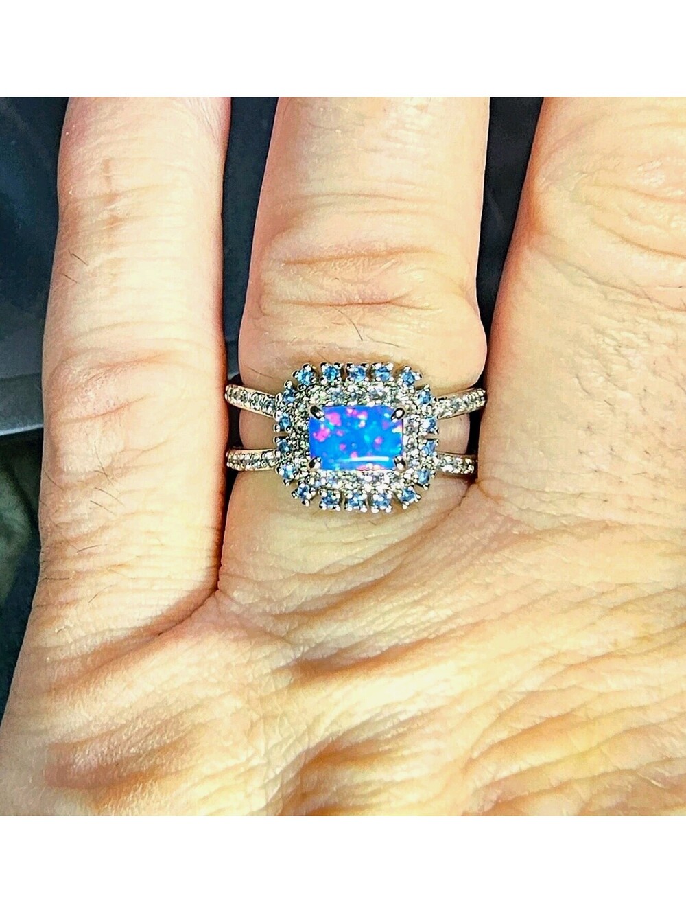 Lab Blue Fire Opal Ring Rhodium Plating Bomb Party "A Majestic Moment" Size 8